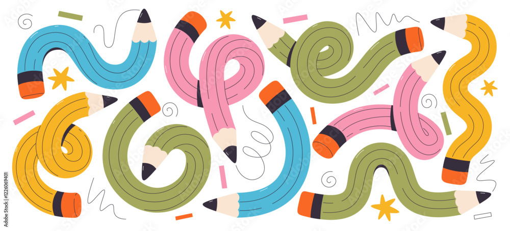 Obraz premium Cute funky twisted flexible pencils school studying supplies comic trendy doodle education set