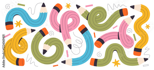 Cute funky twisted flexible pencils school studying supplies comic trendy doodle education set