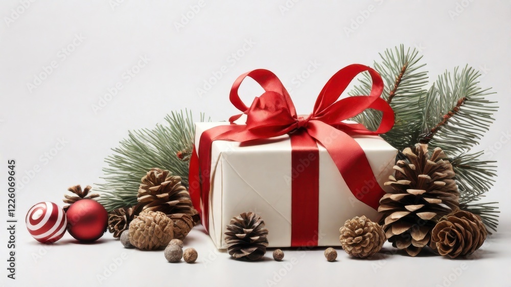 A festive holiday concept with Christmas ornaments, pine cones, candy canes, and a wrapped gift box, isolated on a white background with soft shadows. A festive holiday concept with Christmas ornaments, pine cones, candy canes, and a wrapped gift box, isolated on a white background with soft shadows.
