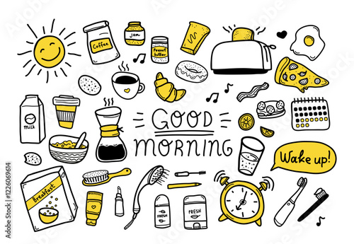 Happy morning routine and breakfast time hand drawn menu and hygiene accessories doodle set