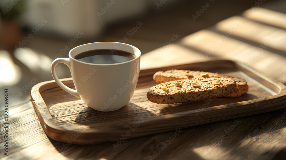 A warm cup of coffee and biscotti on a wooden tray bathed in sunlight. The perfect morning treat. A warm cup of coffee and biscotti on a wooden tray bathed in sunlight. The perfect morning treat.