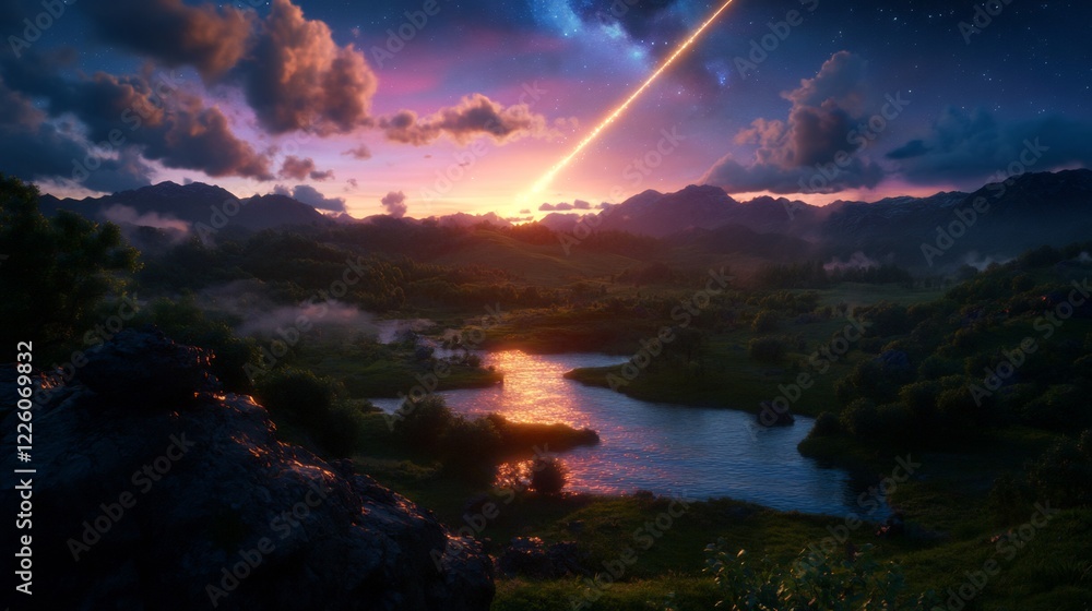 Fototapeta premium Celestial River: A Serene Sunset Landscape with a Shooting Star