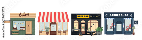 Shop building facades for small business with showcase of sweets store, beer bar, cafe, barbershop