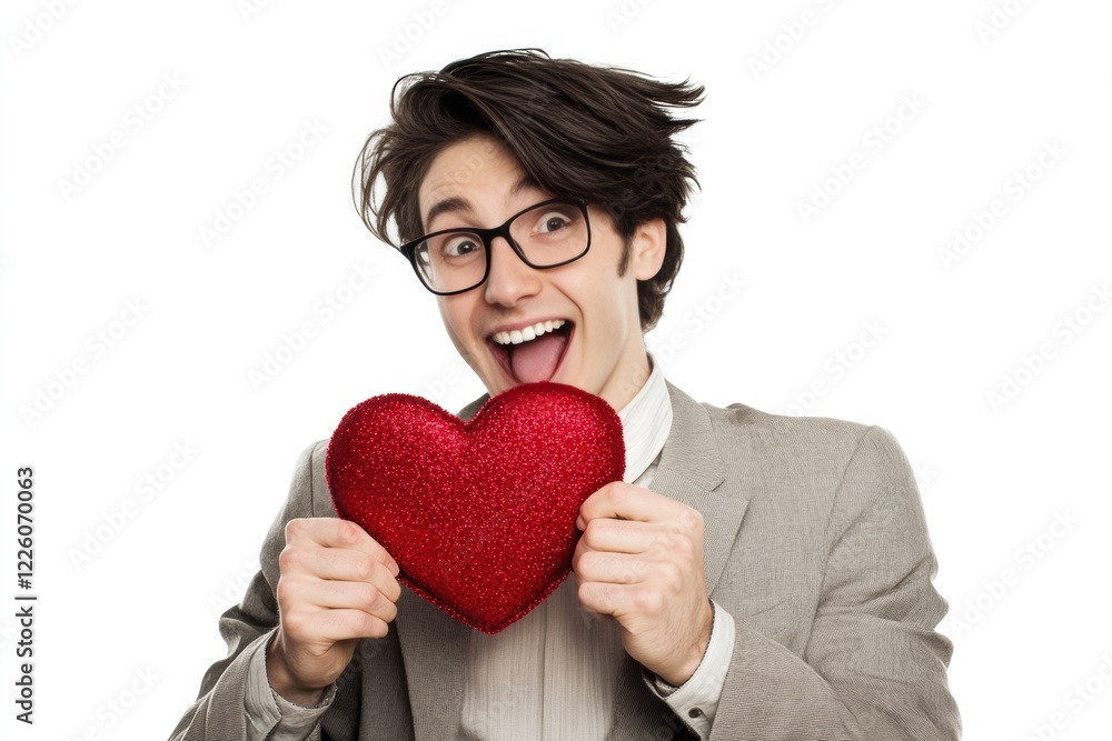 Adult valentine's day greeting card: adult man with thrilled face holds red heart in hands. Commercial ad campaign pattern. Sign of love and affection. Couple hugging outdoors. Love in the air. Adult valentine's day greeting card: adult man with thrilled face holds red heart in hands. Commercial ad campaign pattern. Sign of love and affection. Couple hugging outdoors. Love in the air.
