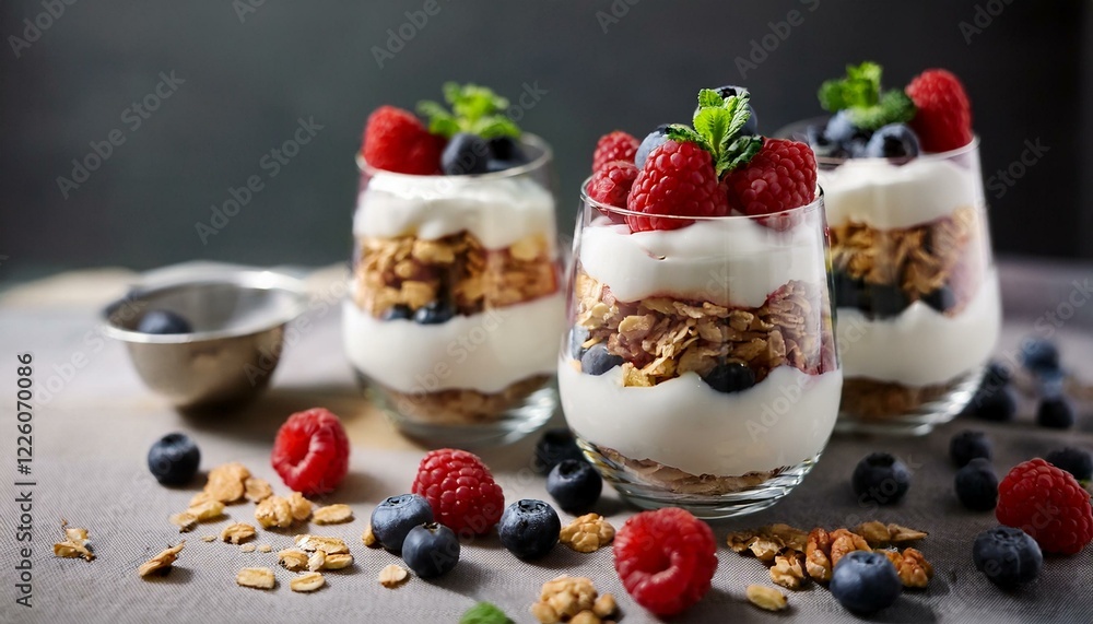 A layered composition in glasses featuring granola, Greek yogurt A layered composition in glasses featuring granola, Greek yogurt