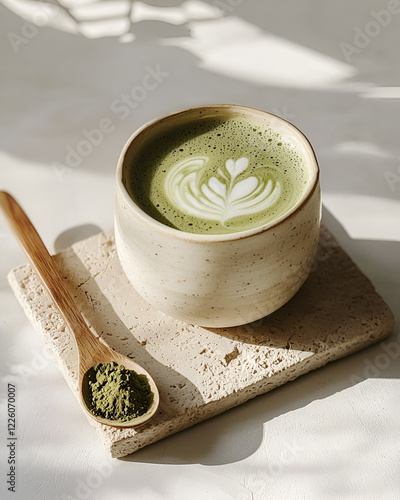 A creamy matcha latte art in a speckled mug, complemented by a spoonful of matcha powder.