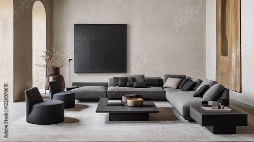 Minimalist living room with sleek furniture and an empty wall, ideal for product mockups. AI generated