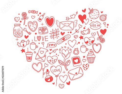 Love scribble design elements hand drawn doodle set in huge Valentine day heart shape frame