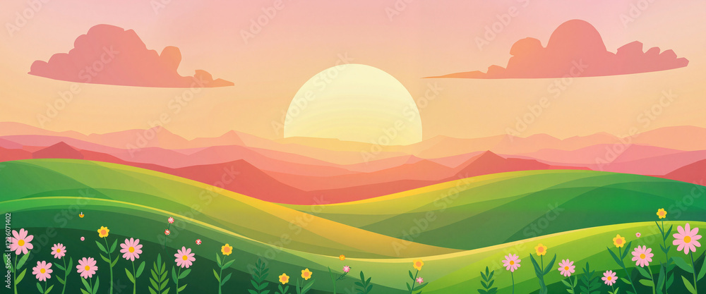 Obraz premium Serene sunset over rolling hills with wildflowers, peaceful landscape
