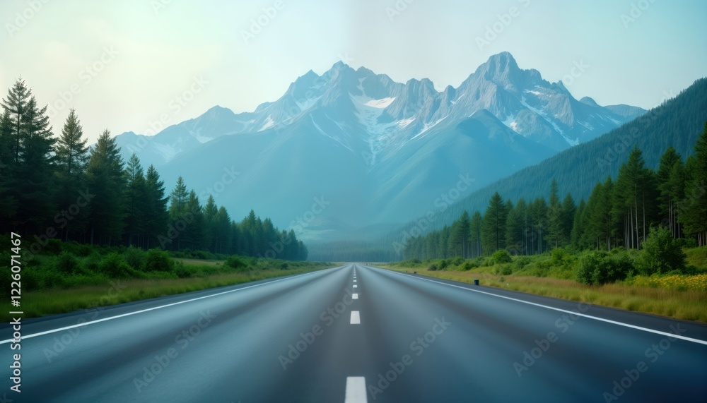 Empty asphalt highway stretches through green forest towards mountain range under clear blue sky. Natural landscape scenery evokes sense of adventure, travel. Inspiring photo of road trip. Scenic Empty asphalt highway stretches through green forest towards mountain range under clear blue sky. Natural landscape scenery evokes sense of adventure, travel. Inspiring photo of road trip. Scenic