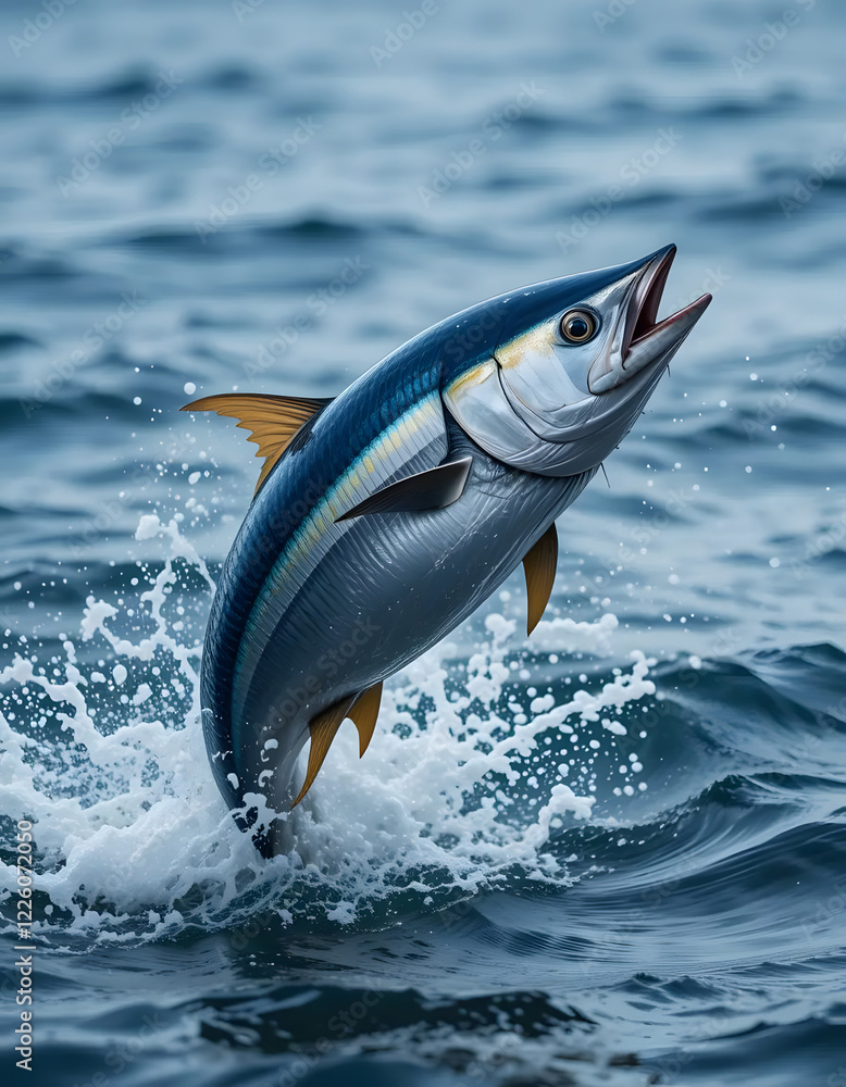 Fototapeta premium A yellowfin tuna leaps out of the water with its mouth wide open. This dynamic action shot captures the power and speed of this popular game fish. Perfect for fishing, marine biology, and wildlife-the