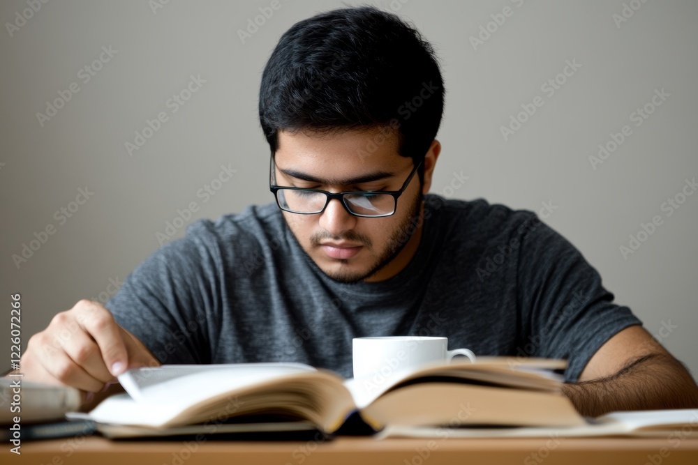 A focused young man is studying intensively using books in a library or study room, clad in glasses and a gray sweater A focused young man is studying intensively using books in a library or study room, clad in glasses and a gray sweater