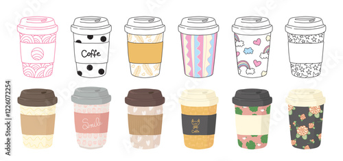 Disposable takeaway paper coffee cups in cute doodle outline design and colorful cozy style