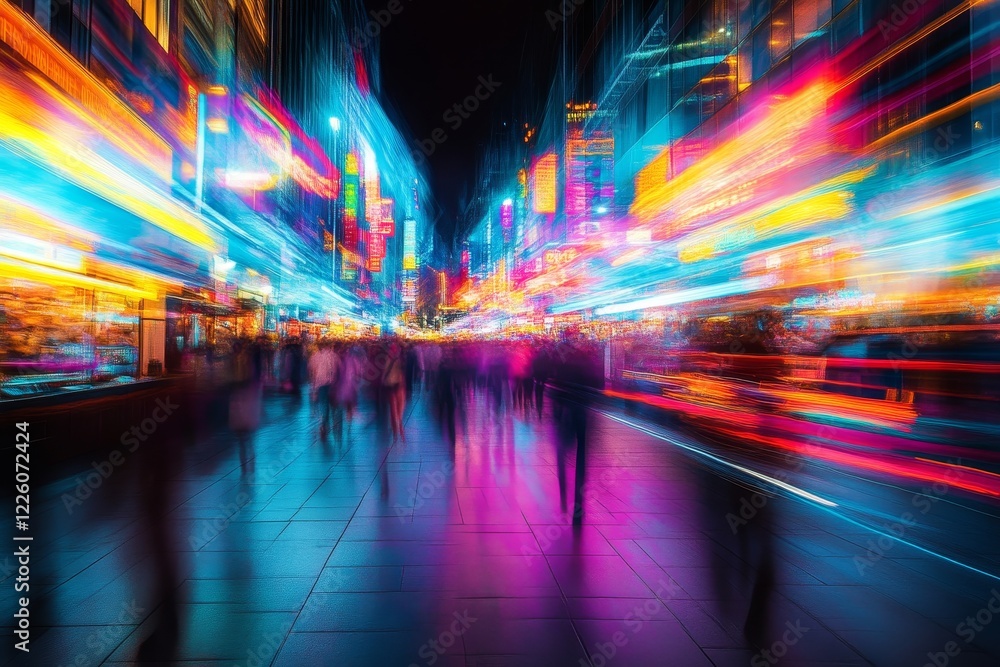 A dynamic city scene featuring vibrant neon lights and blurred silhouettes of people, creating a sense of movement and energy at night in a bustling area. A dynamic city scene featuring vibrant neon lights and blurred silhouettes of people, creating a sense of movement and energy at night in a bustling area.