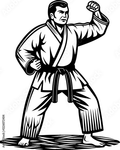 black and white engrave logo illustration of karate man in kimono