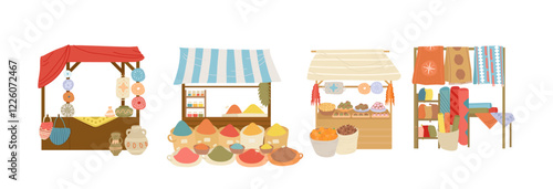 Traditional east market, street bazaar stalls with food, spicy seasoning, carpet cartoon set
