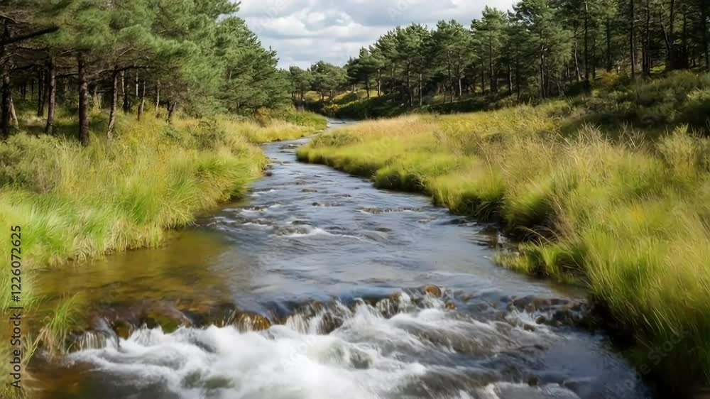 River flows through forest, cascading water, tranquil nature scene, idyllic landscape River flows through forest, cascading water, tranquil nature scene, idyllic landscape