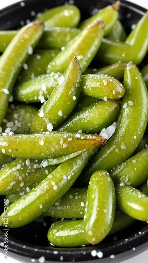 Freshly prepared snow peas sprinkled with sea salt on a black plate ready to be enjoyed as a healthy snack or side dish Freshly prepared snow peas sprinkled with sea salt on a black plate ready to be enjoyed as a healthy snack or side dish