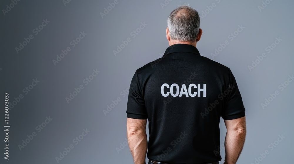 Coach stands facing away, grey background, leadership concept, website