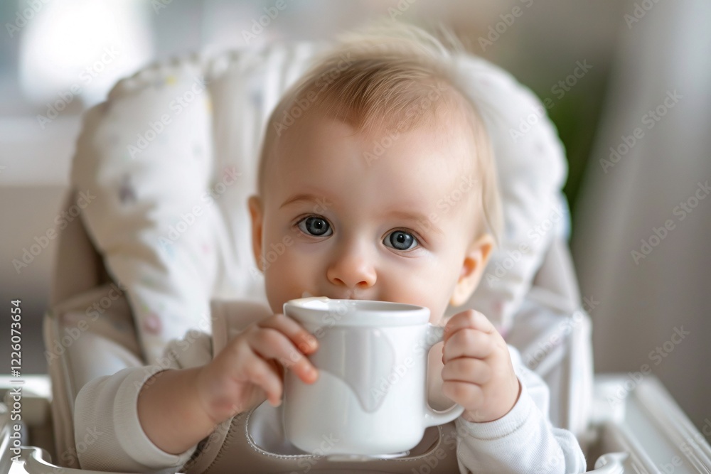 Infant boy with large blue eyes sipping milk from a white cup in a highchair Infant boy with large blue eyes sipping milk from a white cup in a highchair