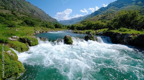 Mountain river rapids flowing through valley, summer landscape, nature background, travel photography