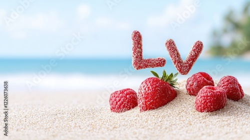 Summer beach berries; LV letters made of fruit, tropical background; website banner photo