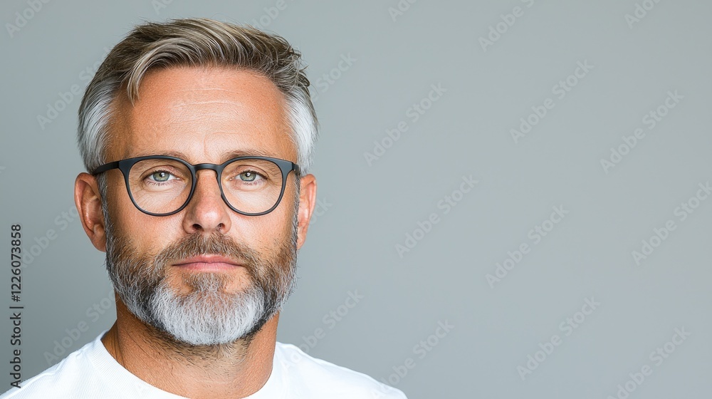 Fototapeta premium Mature man, serious expression, glasses, grey background, studio portrait, website profile