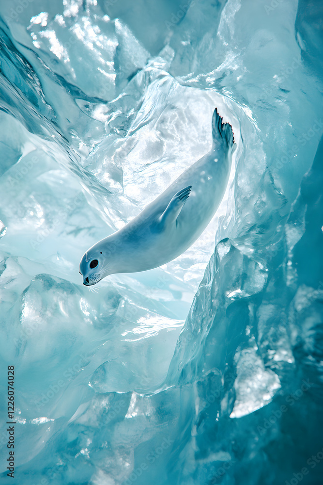 Fototapeta premium Harp Seal's Icy Ballet: Surreal Elegance on Pristine Glacial Stage