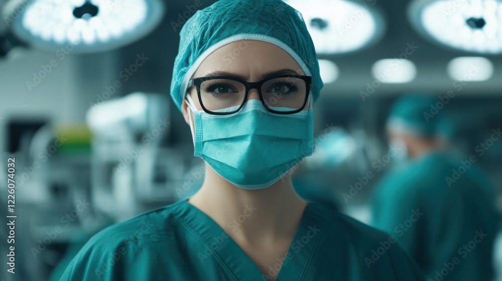 A focused medical professional in surgical attire, wearing a mask and glasses, stands confidently in a well-lit operating room. A focused medical professional in surgical attire, wearing a mask and glasses, stands confidently in a well-lit operating room.