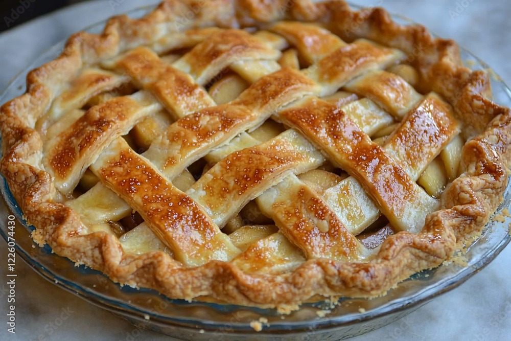 Freshly baked apple pie with a golden lattice crust on a marble countertop, ready to be served Freshly baked apple pie with a golden lattice crust on a marble countertop, ready to be served