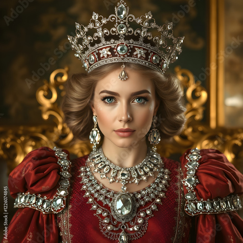 Una reina elegante de estilo barroco, que luce radiante con una abundancia de joyas relucientes.