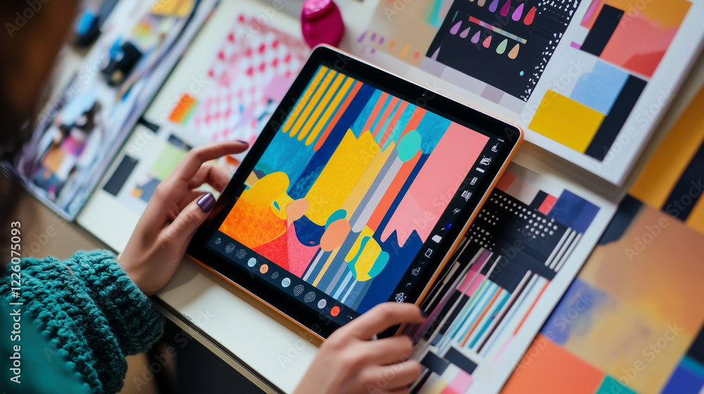 Photo of a designer creating an abstract art piece on a digital tablet, showcasing vibrant and colorful digital artwork with geometric patterns and creative design elements.