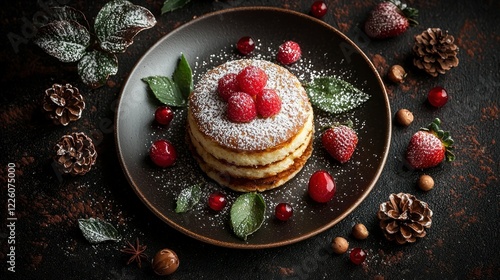 Festive Pancakes, Berries, Winter Setting, Dessert, Food Photography photo