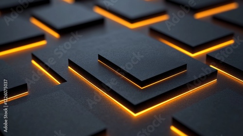 Abstract Black Cubes With Orange Neon Lights