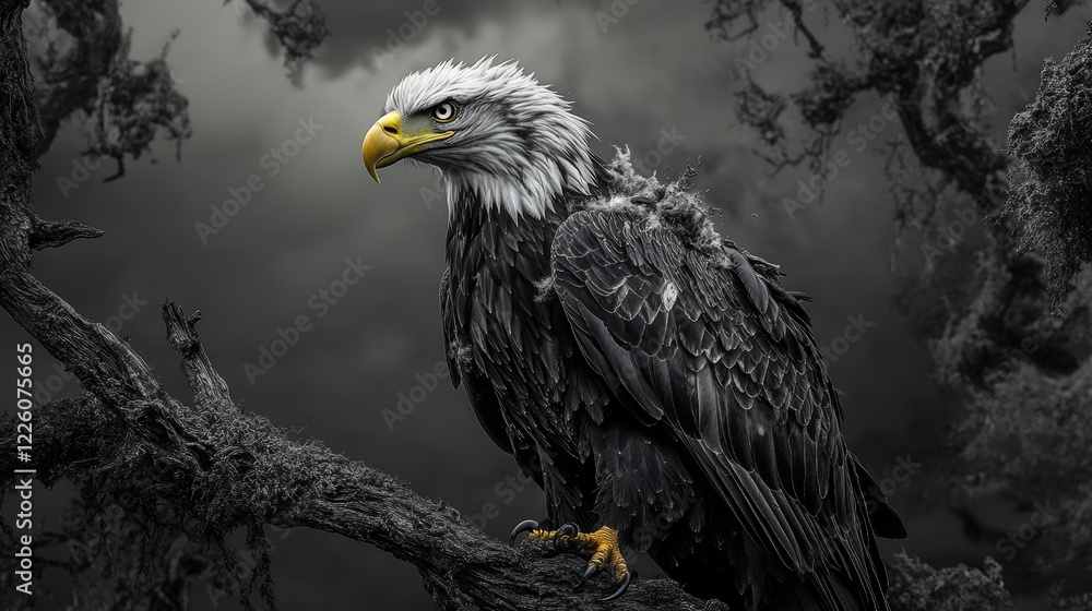 Fototapeta premium A majestic eagle, with its piercing gaze and detailed plumage, perches amid a moody backdrop, evoking themes of strength, freedom, and natural majesty.