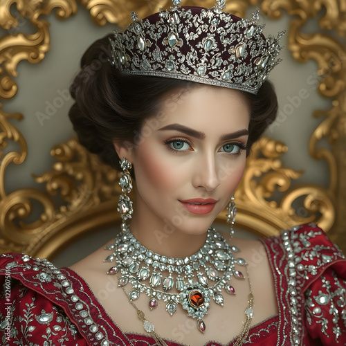 Una reina cautivadora en un vestido barroco, que exhibe una gran cantidad de joyas preciosas.