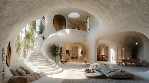 Unique interior design of a cave-like house with white walls and organic shapes creating a serene atmosphere