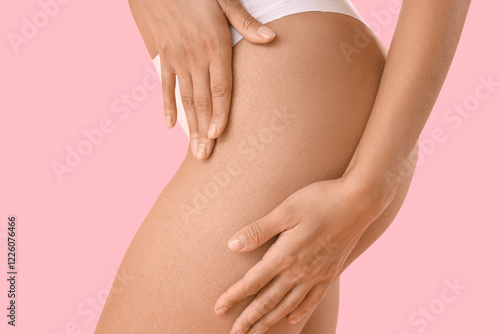 Wallpaper Mural Beautiful young African-American woman with stretch marks on her body against pink background, closeup Torontodigital.ca