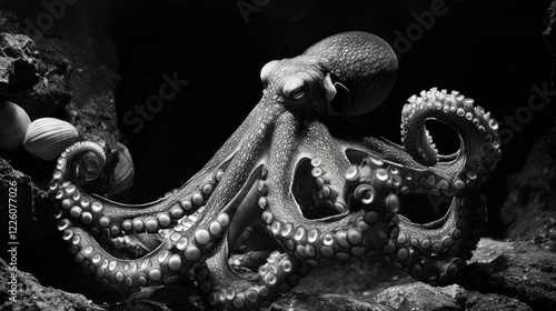 Monochrome Octopus Portrait with Detailed Tentacles and Textured Skin in Black and White photo