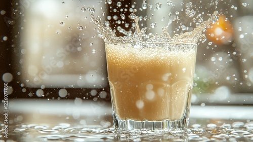 Fizzy drink splash, kitchen, bokeh background, advertising photo