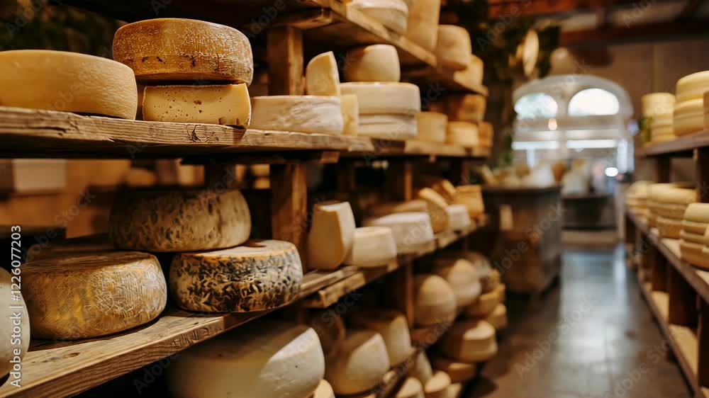 Various aged cheeses on wooden shelves in a cheese aging room. Artisanal cheese production, dairy industry, and gastronomy concept. Design for food blogs, culinary articles, and gourmet backgrounds. Various aged cheeses on wooden shelves in a cheese aging room. Artisanal cheese production, dairy industry, and gastronomy concept. Design for food blogs, culinary articles, and gourmet backgrounds.