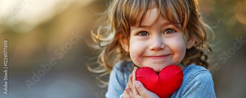 Young girl joyfully embraces a red heart outside in the sunlight