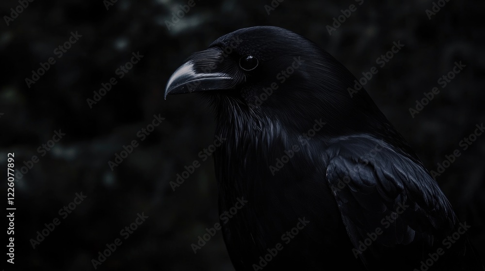 Close-up of majestic raven with glossy black feathers in dark setting Close-up of majestic raven with glossy black feathers in dark setting