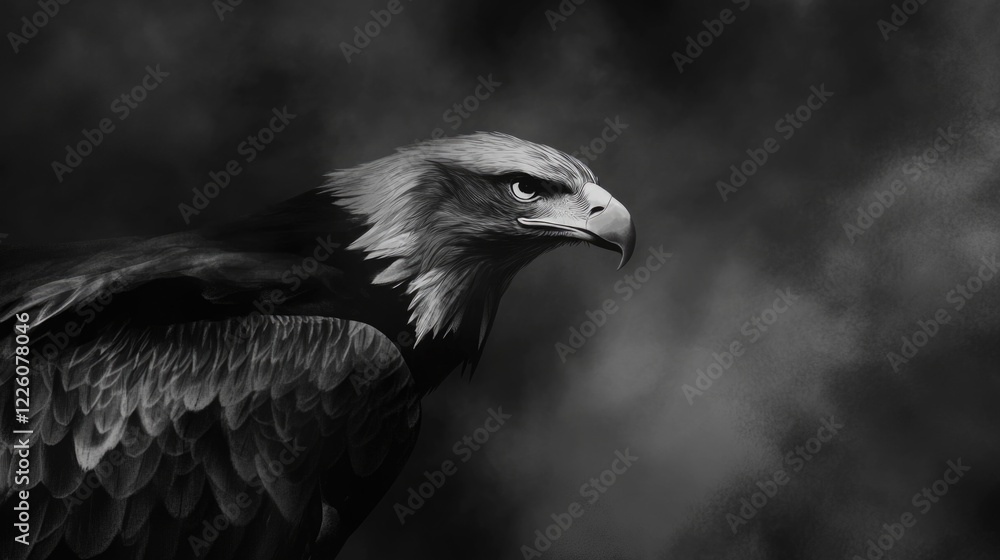 Fototapeta premium Majestic eagle in monochrome: powerful bird of prey against dark sky