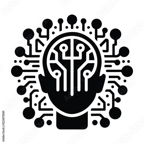 electronic brain icon, cybernetic human mind symbol, artificial intelligence, simple flat black isolated on transparent
