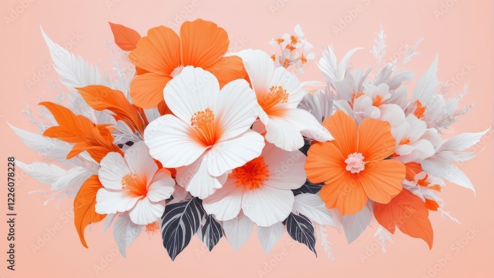 Fototapeta premium Orange and white floral paper cut design on light background.