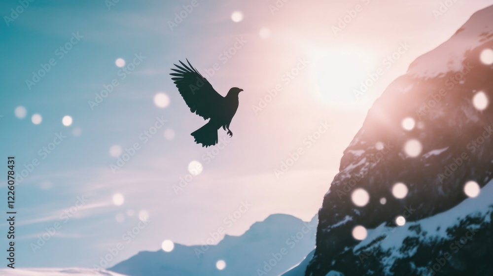 Fototapeta premium Silhouette of bird in flight against winter mountain landscape at sunrise