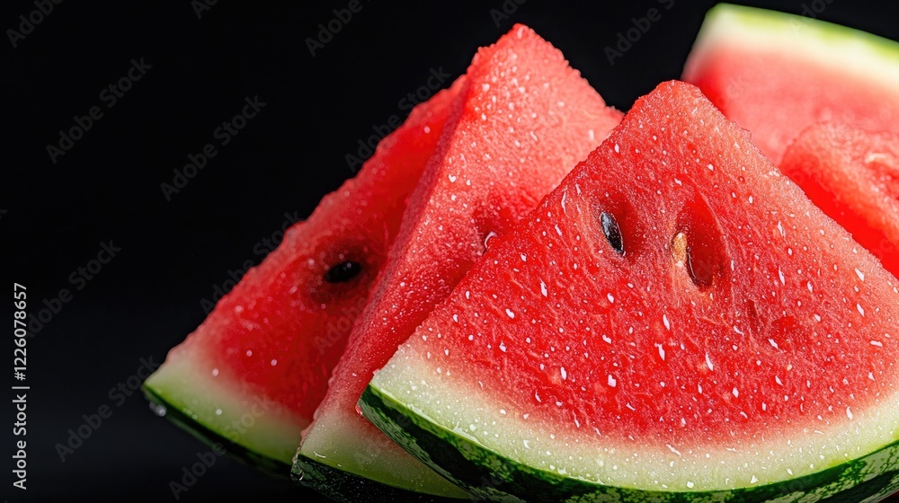 Juicy watermelon slices, summer refreshment, close-up shot, dark background, food photography Juicy watermelon slices, summer refreshment, close-up shot, dark background, food photography