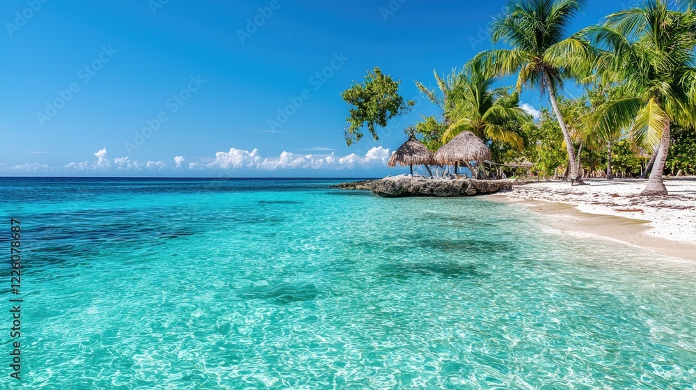 Fototapeta premium Tropical beach paradise with clear turquoise water, palm trees, and thatched huts. Ideal for travel brochures