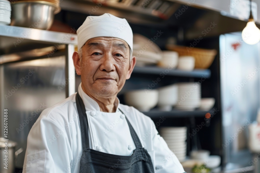 Portrait of a senior male Asian chef in kitchen Portrait of a senior male Asian chef in kitchen